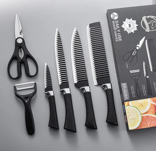 6pcs Kitchen Knives Set Scissors Peeler Sharp Stainless Steel Cleaver