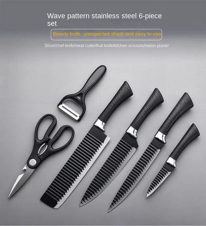 6pcs Kitchen Knives Set Scissors Peeler Sharp Stainless Steel Cleaver